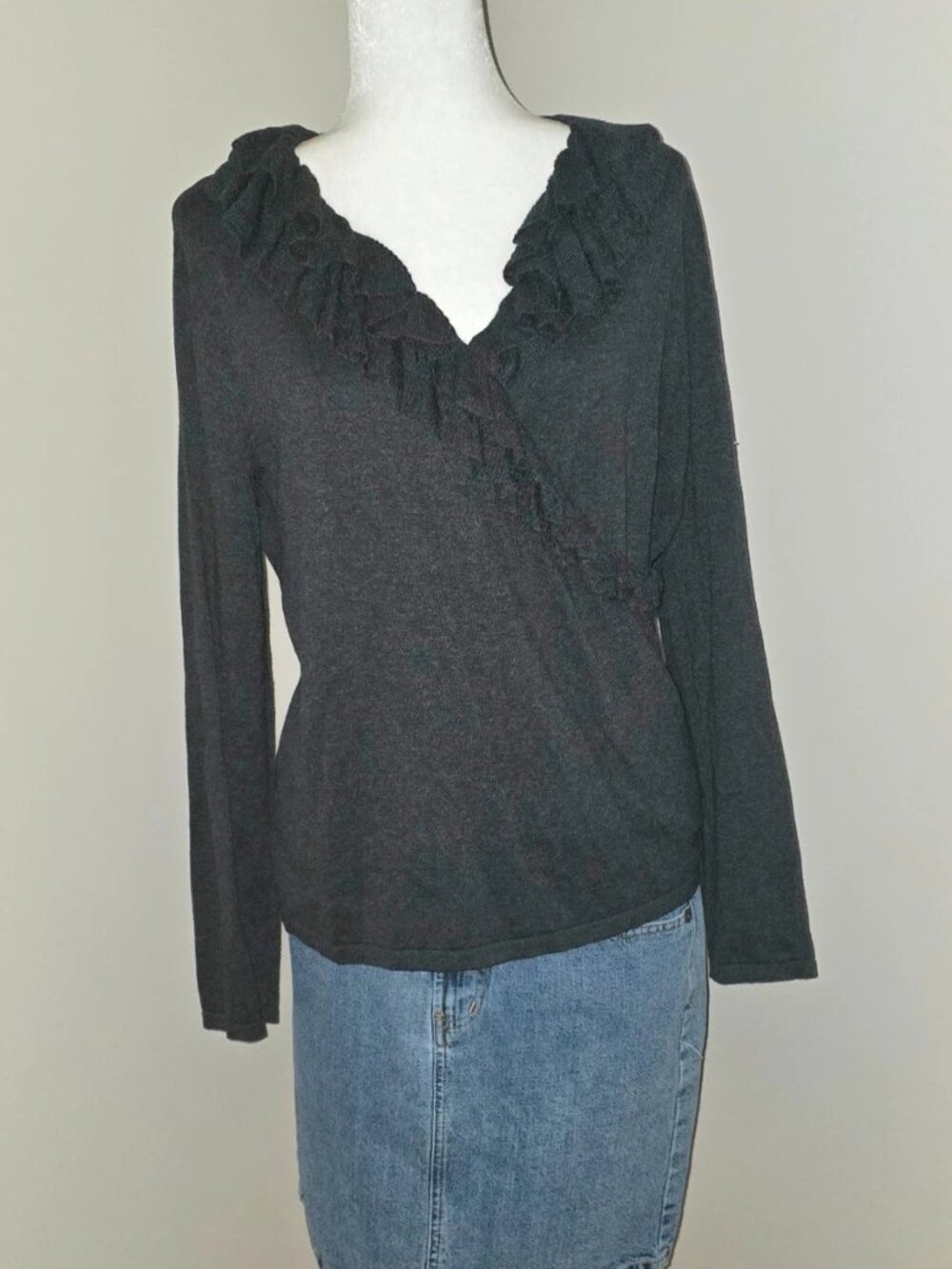 Charcoal gray ruffle faux wrap top